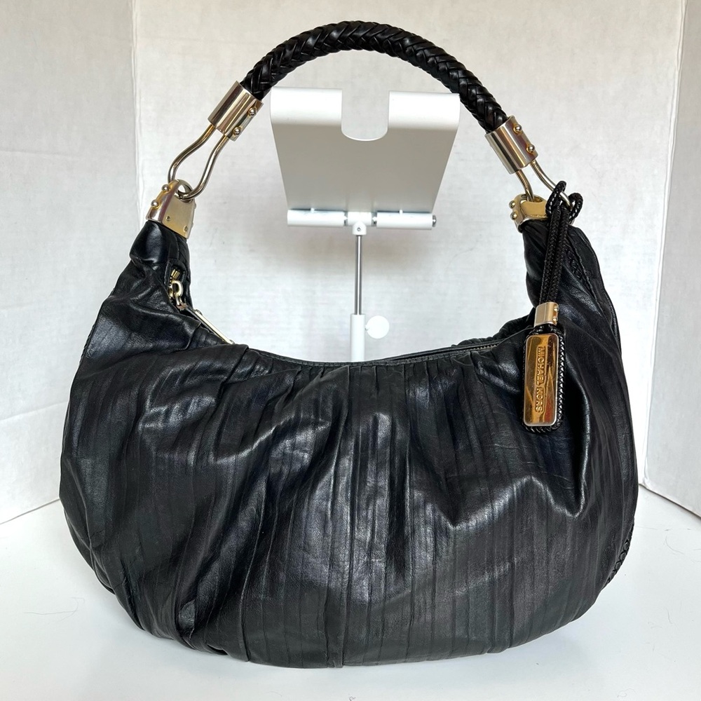 Michael Kors Skorpios Black Pleated Crescent Leather Hobo Bag